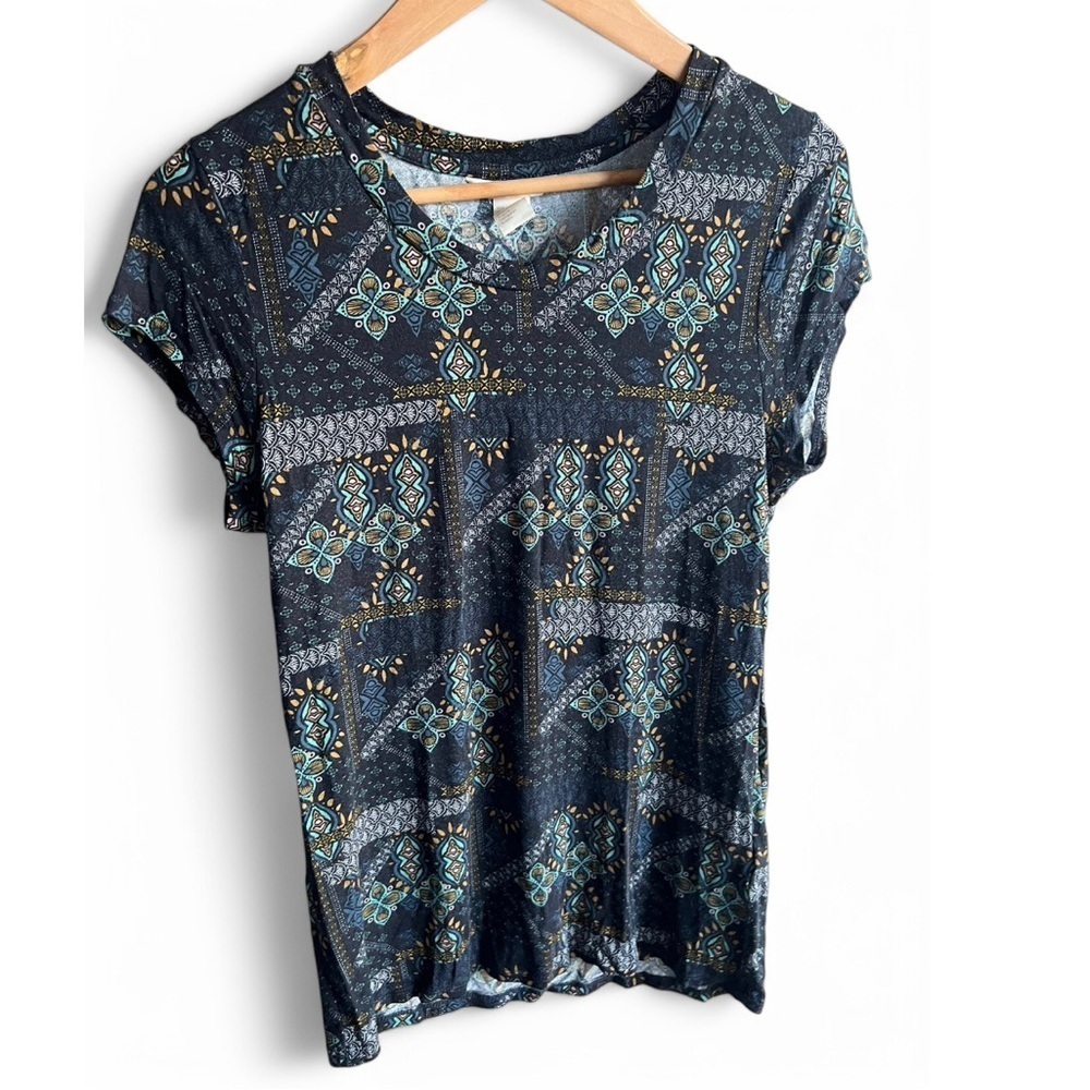 H&M Women’s Blue Green Graphic Aztec Boho Bohemian  Style Casual T-shirt Medium - Picture 3 of 6